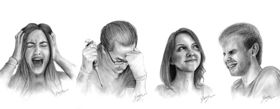 When devotion begets emotion - the life of a PhD student. These portraits of my fellow PhD students illustrate the intense emotions researchers face in everyday life in the lab. These drawings were part of a contribution to the Art & Science contest at the Vienna Biocenter, for which my team received the first prize in 2013.