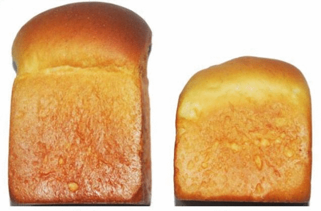 Left: Bread made with the new wheat variety. Right: Bread made with wild-type wheat.