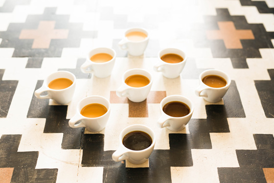 Photo of nine coffees of different colors