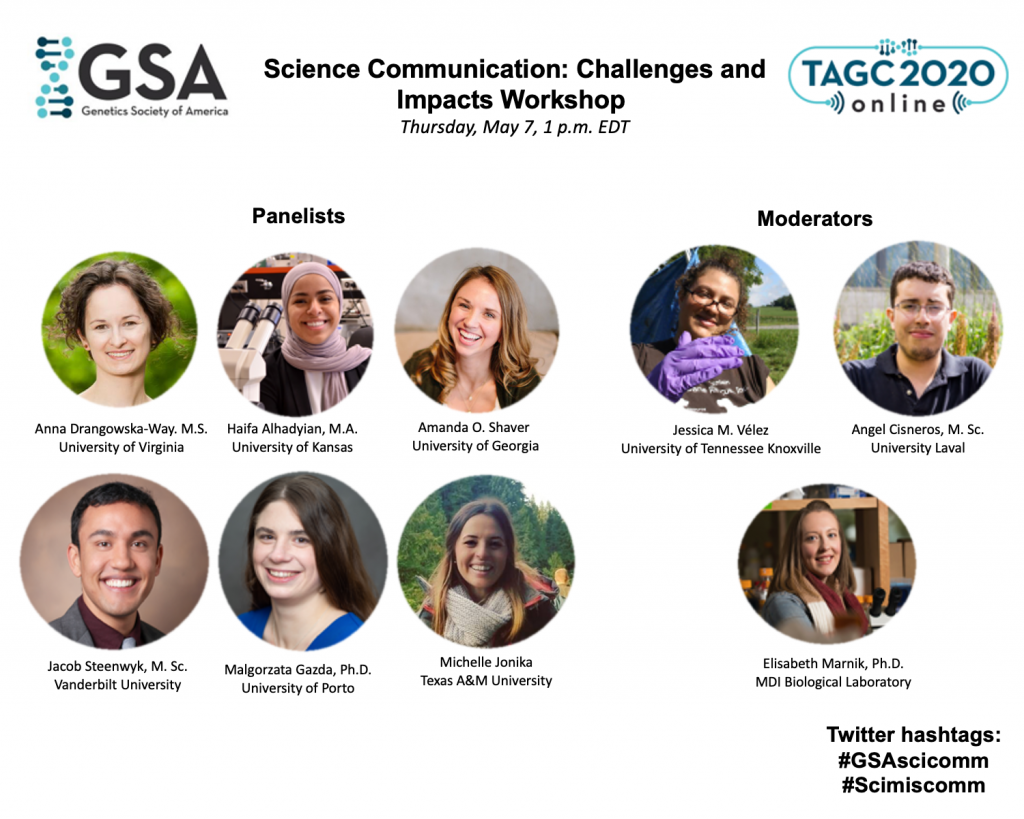Photos of the moderators and panelists for TAGC 2020 workshop on science communication
