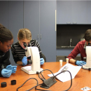 Students looking into microscope