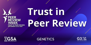 Purple and blue background with white text saying "Trust in Peer Review" for Peer Review Week