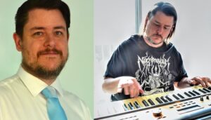 Stephen Klusza with short hair wearing a tie and then with longer hair playing an electronic piano.