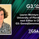 Blue, green, and black background with a photo of Lauren McIntyre announcing her appointment as incoming Editor in Chief of G3.