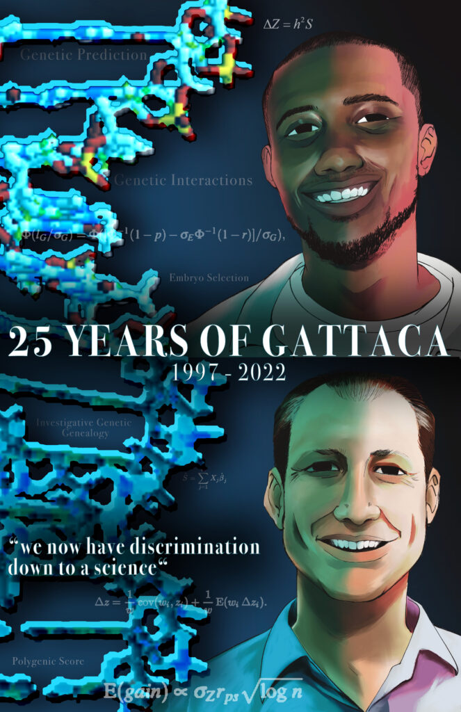 Cartoon rendering of authors Edge and Ogbunu superimposed on a blue DNA helix. Art by Brittany Moodie.
