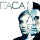 Logo, DNA helix, and images of Ethan Hawke, Uma Thurman, and Jude Law on a white background for the film Gattaca.