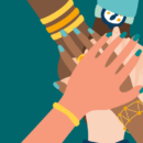 Hands of differing skin tones come together in a hand pile on a teal background.